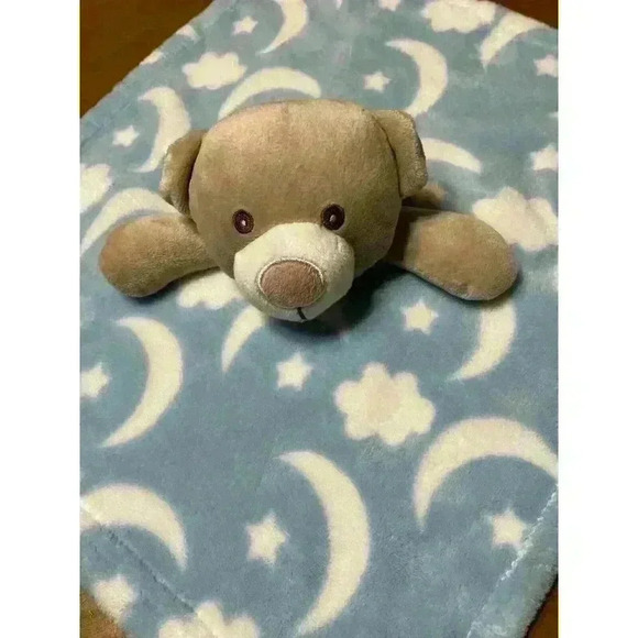 Light Blue Moon Stars Baby Lovey Brown Bear Plush Security Blanket 15 inch - Picture 1 of 6